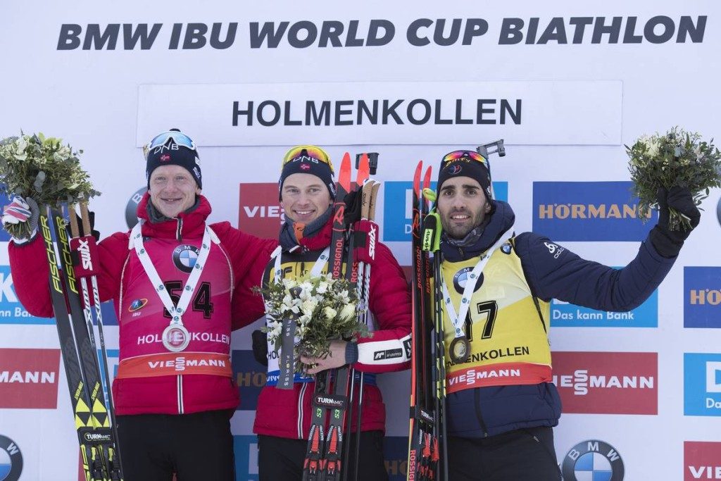 15.03.2018, Oslo, Norway (NOR): Johannes Thingnes Boe (NOR), Henrik L'abee-Lund (NOR), Martin Fourcade (FRA), (l-r) - IBU world cup biathlon, sprint men, Oslo (NOR). www.nordicfocus.com. © Manzoni/NordicFocus. Every downloaded picture is fee-liable.